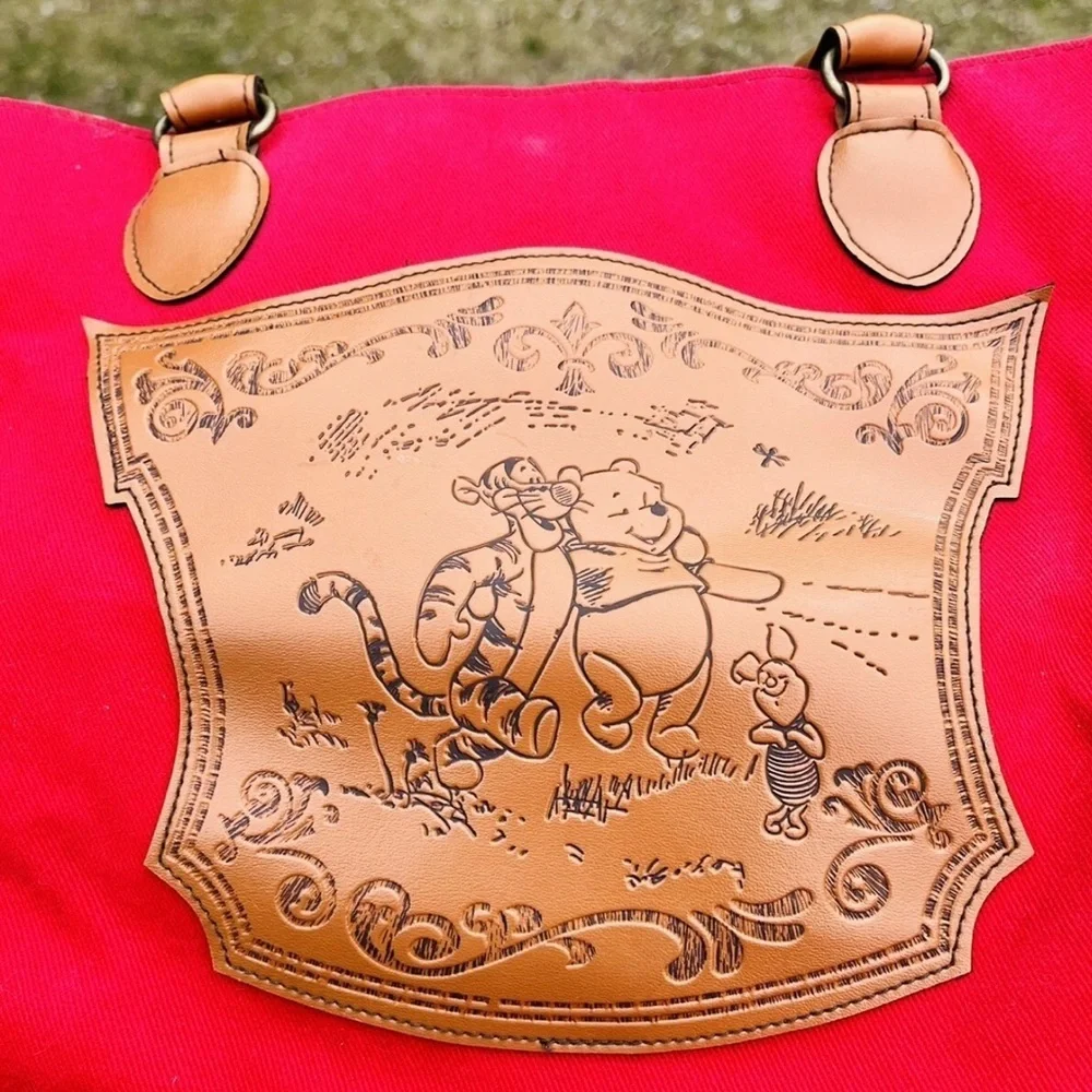 Winnie the Pooh Red Canvas Tote Bag Faux Leather Trim Large Purse